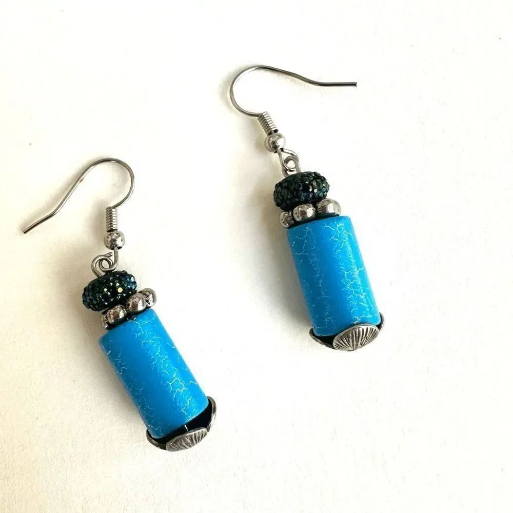 Blue and silver tone beaded drop earrings